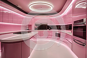 pink futuristic kitchen, with futuristic appliances and sleek counters