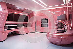 pink futuristic kitchen, with futuristic appliances and sleek counters