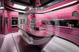 pink futuristic kitchen, with futuristic appliances and sleek counters