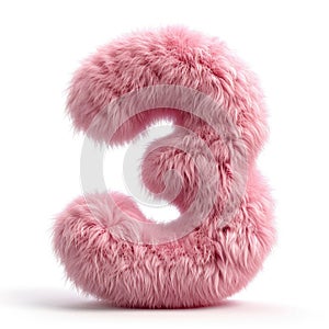 A pink fuzzy number 3 on a white background