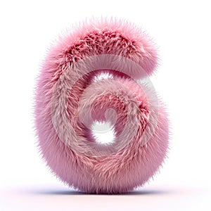 A pink fuzzy number six on a white background
