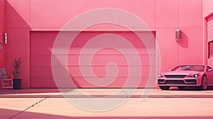 pink garage and stylish car on a sunny day