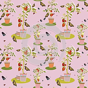 Pink garden pattern with tomato plant.