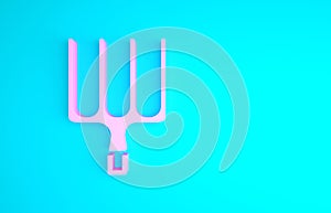 Pink Garden pitchfork icon isolated on blue background. Garden fork sign. Tool for horticulture, agriculture, farming