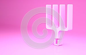 Pink Garden pitchfork icon isolated on pink background. Garden fork sign. Tool for horticulture, agriculture, farming