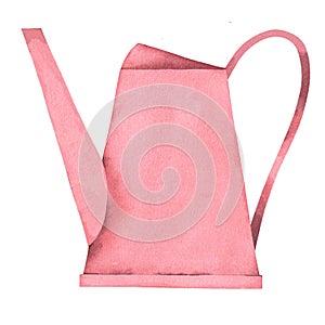 Pink garden watering can. Watercolor illustration, poster.