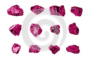 Pink gem stones white background isolated close up, raw gemstones, mineral samples, amethyst, sapphire, topaz, spinel, tourmaline