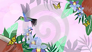 Pink gentle banner with hummingbirds, orchid, coconut, tropical leaves. Copy space. Vector illustration