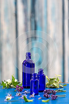 Pink geranium flower with an aromatherapy essential oil blue glass dropper bottle, over ble blured background