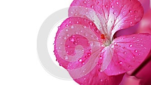 Pink geranium flower isolated on a white background. Drops of dew or water on the petals of a houseplant close-up