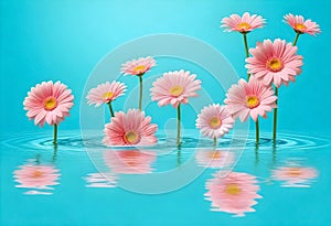 pink gerber flowers in water with blue background