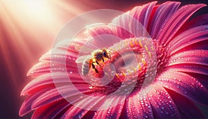 Pink Gerbera Daisy with Bee in Sunlight