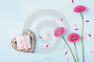 Pink gerbera flowers, heart and gift box on blue table top view. Greeting card for Birthday, Woman or Mothers Day. Flat lay.