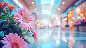 Pink Gerbera Flowers in Shopping Mall. Vibrant pink gerbera flowers in a mall with a soft-focus background