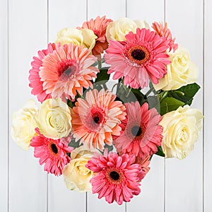 Pink Gerbera Flowers And White Roses Bouquet