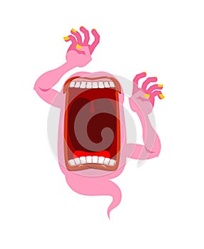 pink ghost. Scary spook. Horrible ghost frightening screams. Phasing monster with an open mouth. Wild howl.