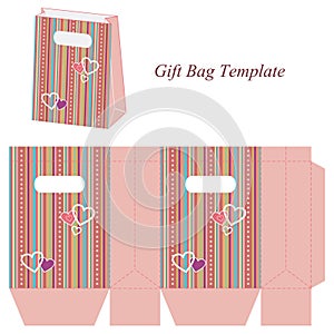 Pink gift bag template with colorful stripes and hearts