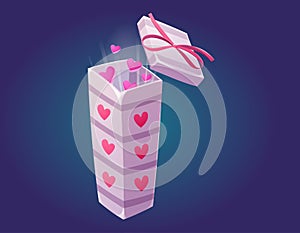Pink gift box with a bow, open lid and hearts inside. Vector isolated cartoon gift for lover for valentines day.