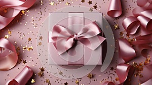 Pink gift box with bow on pink background with hearts and glitters. AI