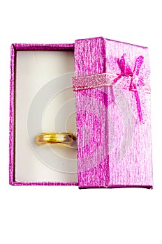 Pink Gift Box with gold ring  on White background,Clipping path