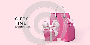 Pink gift box and paper bag. 3d pink shop bag and gift box with ribbon