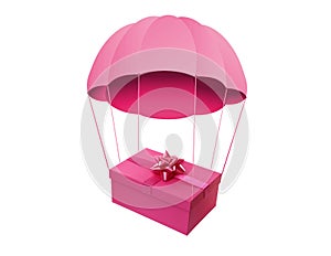 Pink gift box with parachute flying on background