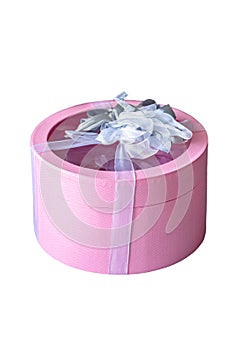 Pink gift box with ribbon bow isolated on white background