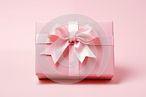pink gift box with ribbon on the pink background. Valentine card. Present box for woman