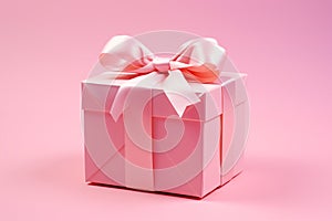 pink gift box with ribbon on the pink background. Valentine card. Present box for woman .