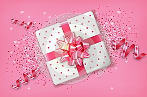Pink Gift box Vector realistic. Confeti and garland sparkle. Product placement mock up. Design packaging 3d illustration photo
