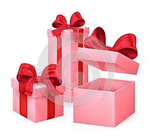 Pink gift boxes isolated. Birthday or Christmas present package. Vector
