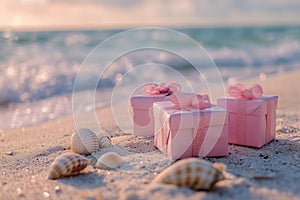 Pink Gift Boxes on Sandy Beach