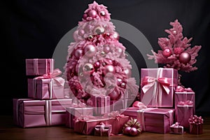 Pink gift boxes are standing near the Christmas tree