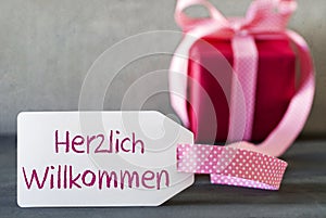 Pink Gift, Label, Herzlich Willkommen Means Welcome