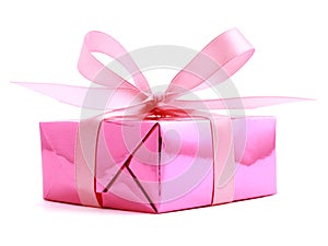 Pink gift wrapped present with rosy bow