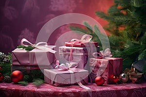 Pink gifts with treasures, red baubles and pine branches.Christmas banner with space for your own content