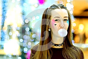 Pink: Girl Blowing Big Bubble with Copyspace