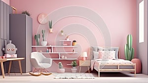 Pink girl room interior with a single bed, shelves, grey armchair cactus shaped pillow generative ai