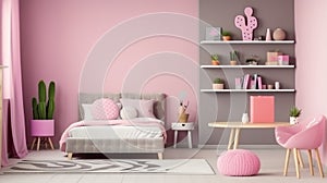 Pink girl room interior with a single bed, shelves, grey armchair cactus shaped pillow generative ai