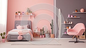 Pink girl room interior with a single bed, shelves, grey armchair cactus shaped pillow generative ai