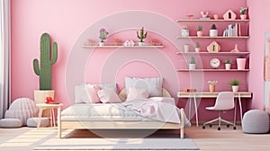 Pink girl room interior with a single bed, shelves, grey armchair cactus shaped pillow generative ai