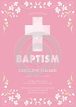 Pink Girl's Baptism/Christening/First Communion/Confirmation Invitation with Watercolor Cross and Floral Design - Vector