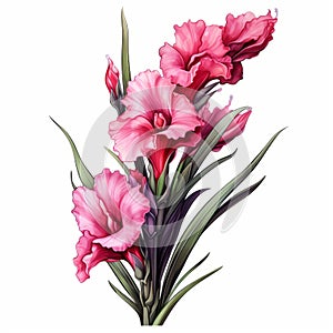 Pink Gladiola Flowers Vector Illustration: Traditional Oil Painting Style