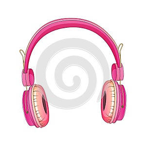 Pink glamorous headphones isolated on white background. Vector illustration.