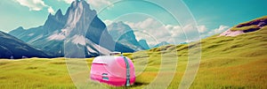 Pink glamourous suitcase on green grass on hill. Stunning mountain under clear blue sky. Travel concept background. Created with