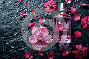 Pink glass perfume bottle standing on dark wet stones among rose flower petals