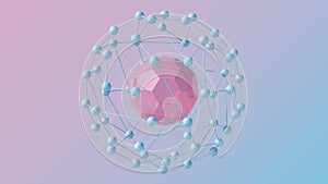 Pink glass polyhedron and blue mesh. Abstract illustration, 3d, render