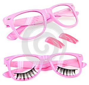 Pink glasses false eyelashes fake nails