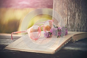 Pink glasses with an open book and a bouquet of pink clover flowers