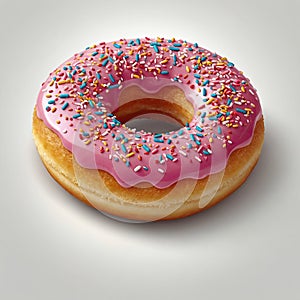 Pink glazed donut with color candy sprinkles isolated on white background